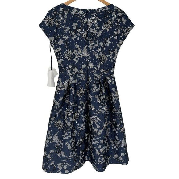 Theia Metallic Floral Jacquard A-Line Dress Knee Length Beaded Sequin Blue 2 - Picture 8 of 15